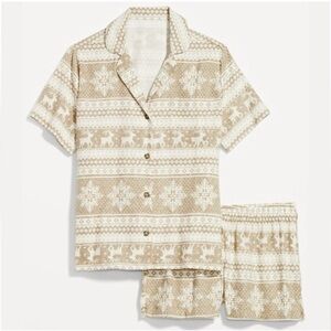 Flannel Holiday Winter Scene Pajama Set with Shorts Neutral Colors Tan White XS